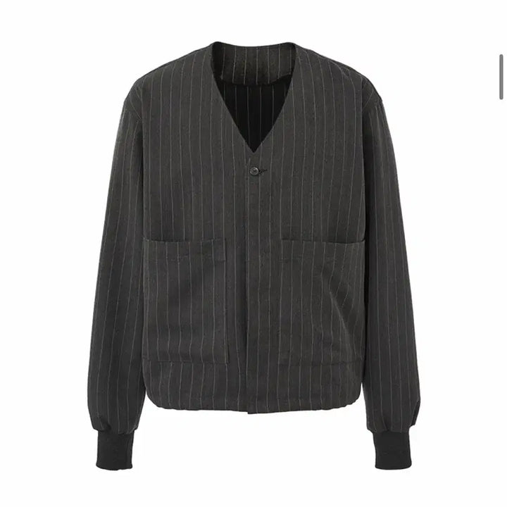 [BUNJANG] DNSR Stripe V-Neck Collarless Jacket Charcoal XL / (새상품)니트증정 DNSR 스트라이프 브이넥 카라리스 자켓 차콜 XL