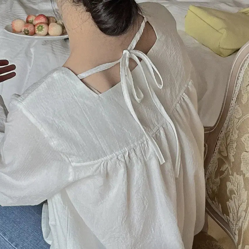 [BUNJANG] Square Neck Ribbon Blouse - White / (새상품) 스퀘어넥 리본 블라우스 처분합니다