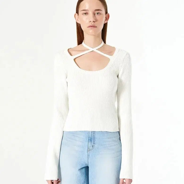 [BUNJANG] Diagonal Tied Neckline Knit Top / 다이애그널 TIED NECKLINE KNIT TOP 타이넥 니트