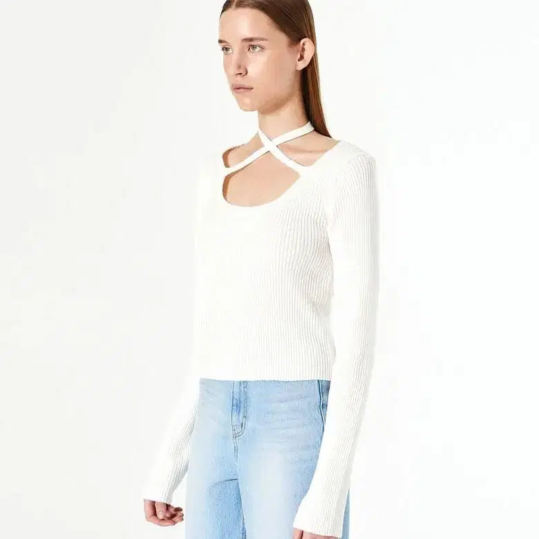 [BUNJANG] Diagonal Tied Neckline Knit Top / 다이애그널 TIED NECKLINE KNIT TOP 타이넥 니트