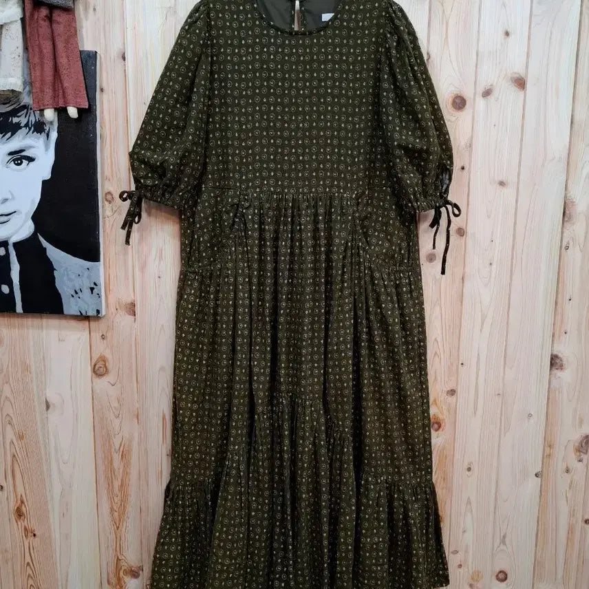[BUNJANG] Floral Pattern Sleeve Ribbon Long Dress / 플라워 패턴 소매 리본 롱 원피스