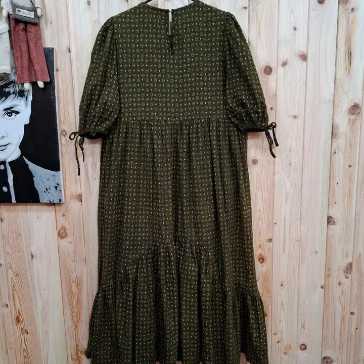 [BUNJANG] Floral Pattern Sleeve Ribbon Long Dress / 플라워 패턴 소매 리본 롱 원피스