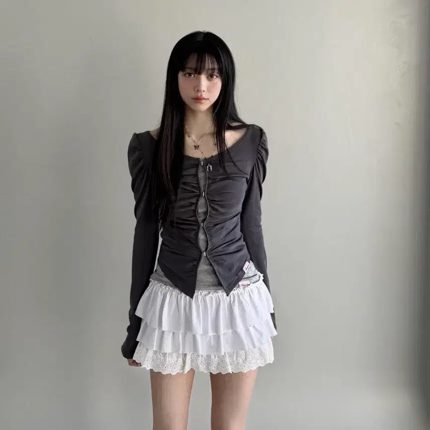 [BUNJANG] New Erlin Ruby Hook Cardigan - Charcoal / 새상품) 뉴얼린 셔링 루비 Ruby 후크 가디건 차콜