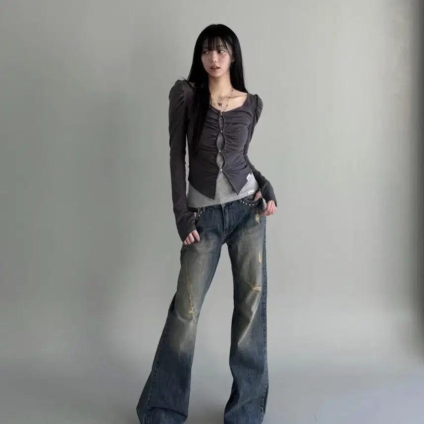 [BUNJANG] New Erlin Ruby Hook Cardigan - Charcoal / 새상품) 뉴얼린 셔링 루비 Ruby 후크 가디건 차콜