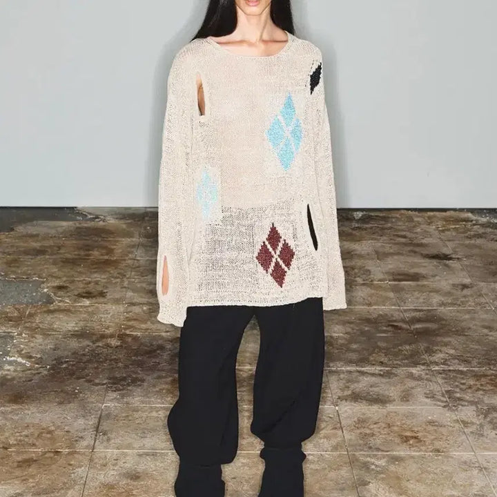 [BUNJANG] TheOpen Product Argyle Cut-out Knit Beige / 더오픈프로덕트) 아가일 컷아웃 니트