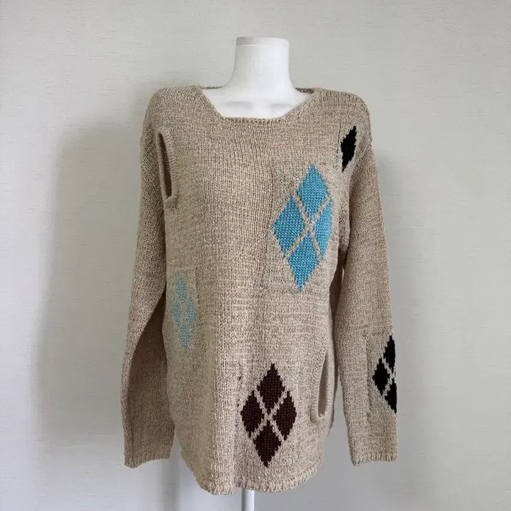 [BUNJANG] TheOpen Product Argyle Cut-out Knit Beige / 더오픈프로덕트) 아가일 컷아웃 니트