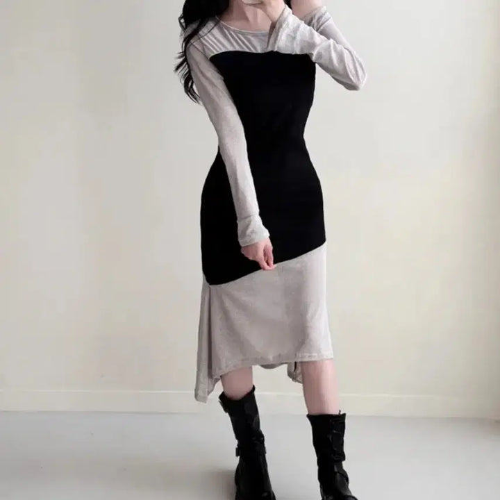 [BUNJANG] Long Color Block Dress / 배색 롱 원피스 블랙/베이지 블랙