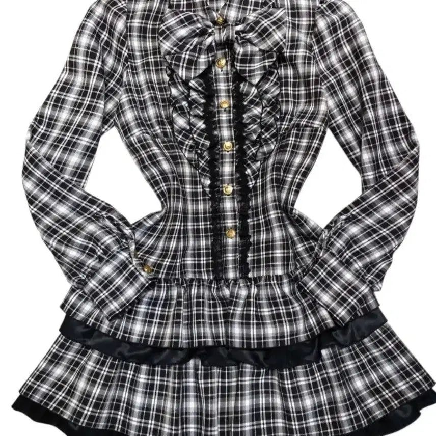 [BUNJANG] Vintage Check Ribbon Frill Mini Dress / 빈티지 체크 리본 프릴 캉캉원피스 히메갸루 핀터깔