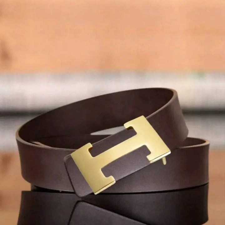 [BUNJANG] Brown Leather Belt with Gold Buckle / 금장 버클 브라운 벨트
