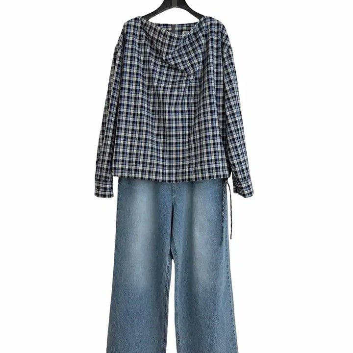 [BUNJANG] Checked Drape Cotton Blouse / 교신안함)체크 드레이프 코튼 블라우스-고퀄/투웨이