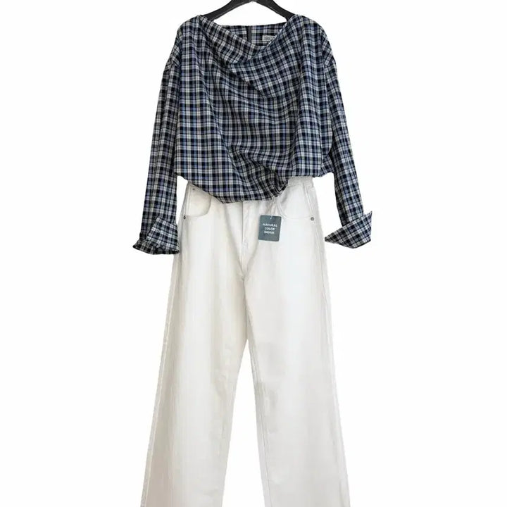 [BUNJANG] Checked Drape Cotton Blouse / 교신안함)체크 드레이프 코튼 블라우스-고퀄/투웨이