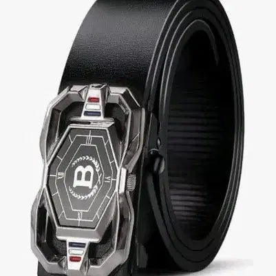 [BUNJANG] Black Leather Men's Belt with Auto Buckle / 블랙 가죽 남성 벨트 오토 버클