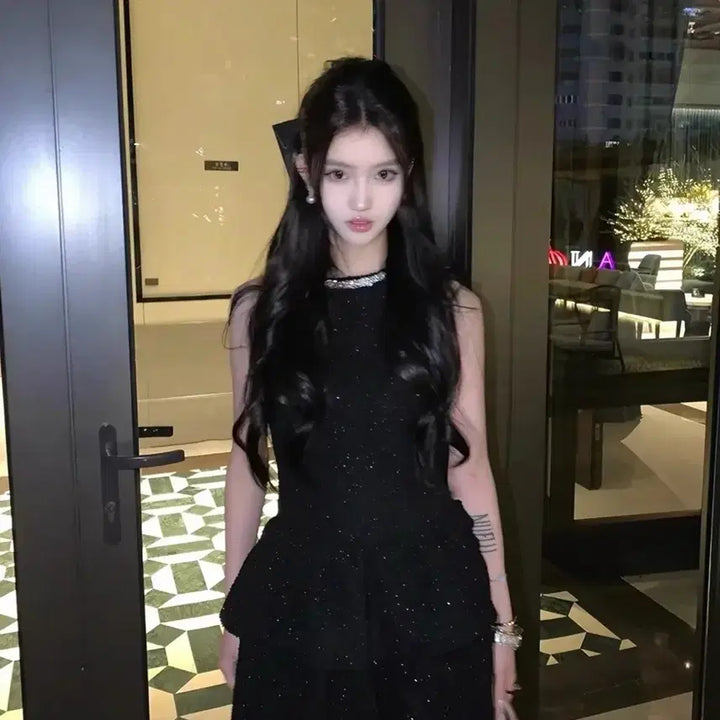 [BUNJANG] Ningning Black Cubic Bling Dress - Party Look / 에스파닝닝이되 블랙 큐빅 블링블링 드레스 파티룩 - 사이즈 S부터 L