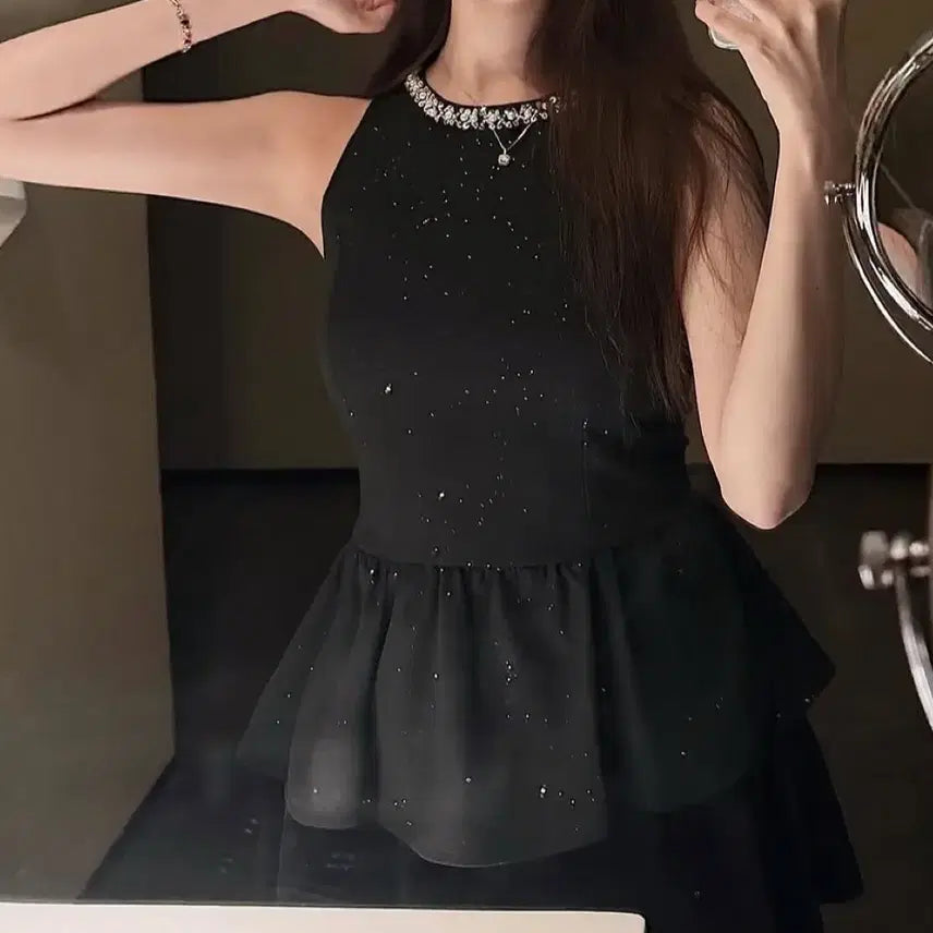 [BUNJANG] Ningning Black Cubic Bling Dress - Party Look / 에스파닝닝이되 블랙 큐빅 블링블링 드레스 파티룩 - 사이즈 S부터 L