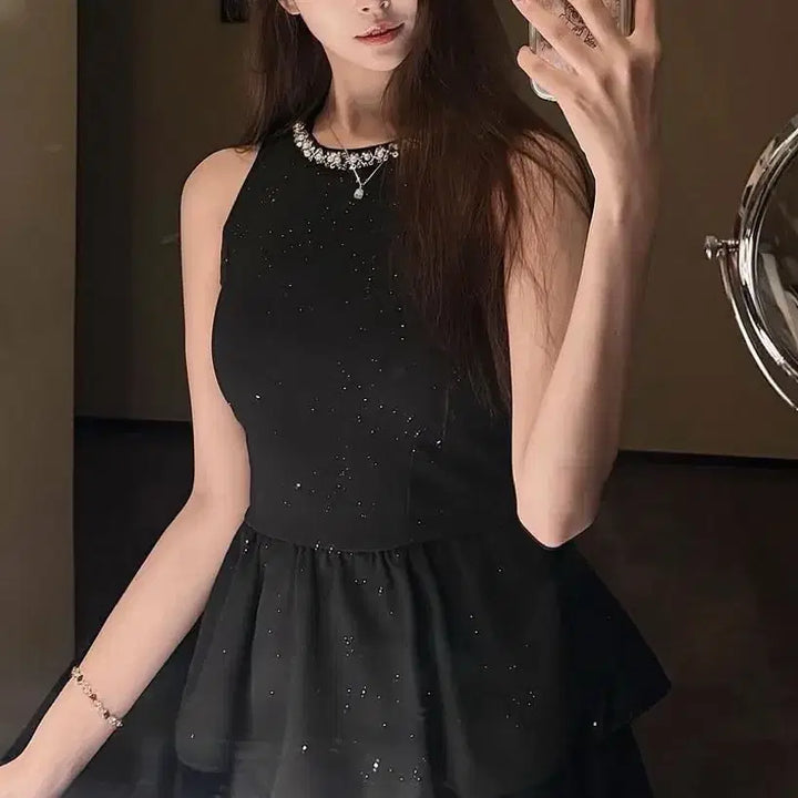 [BUNJANG] Ningning Black Cubic Bling Dress - Party Look / 에스파닝닝이되 블랙 큐빅 블링블링 드레스 파티룩 - 사이즈 S부터 L