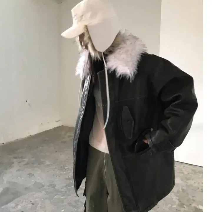 [BUNJANG] Weare Leather Fur Collar Jumper / 새상품급) 도매택 위아(weare) 레더 퍼 카라 점퍼