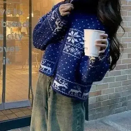 [BUNJANG] Blue Pattern Knit Cropped Cardigan / 겨울 니트 가디건 블루 패턴