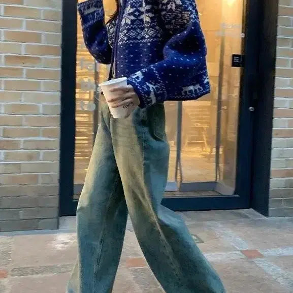 [BUNJANG] Blue Pattern Knit Cropped Cardigan / 겨울 니트 가디건 블루 패턴