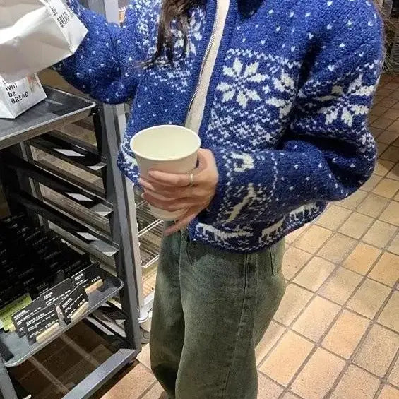 [BUNJANG] Blue Pattern Knit Cropped Cardigan / 겨울 니트 가디건 블루 패턴