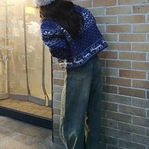 [BUNJANG] Blue Pattern Knit Cropped Cardigan / 겨울 니트 가디건 블루 패턴