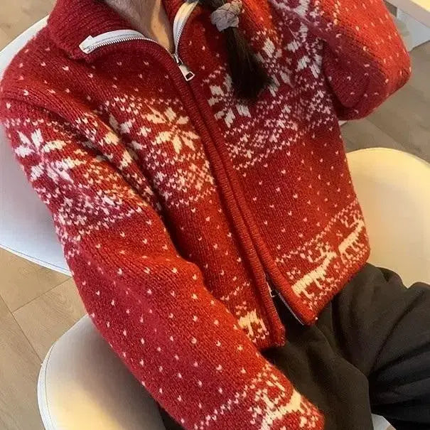 [BUNJANG] Blue Pattern Knit Cropped Cardigan / 겨울 니트 가디건 블루 패턴