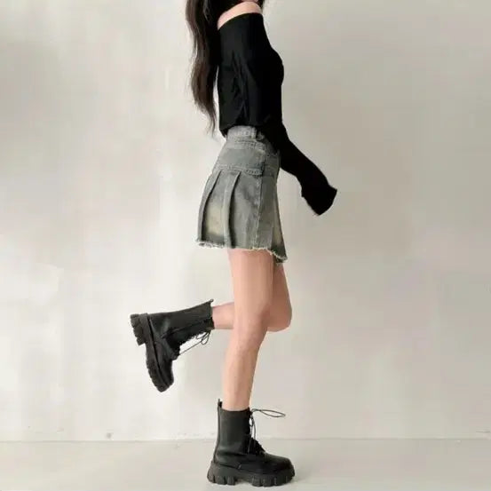 [BUNJANG] Vintage Washed Denim Pleated Mini Skirt / 빈티지 워싱 데님 플리츠 미니스커트