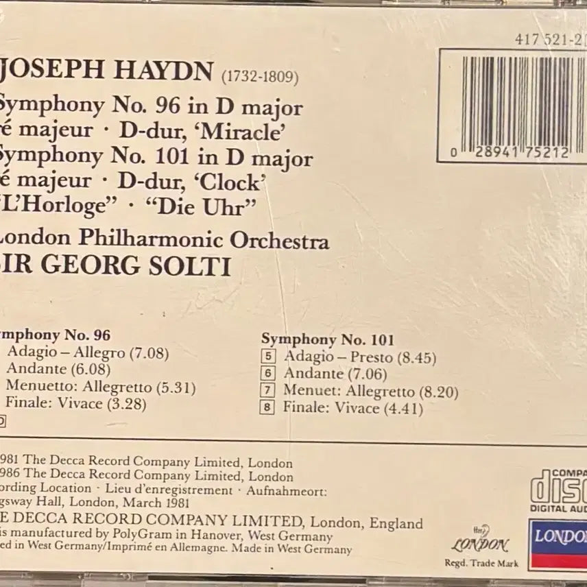 [BUNJANG] Haydn Symphony No. 96 & 101 CD (West Germany) / (런던)하이든 교향곡 96번 101번 CD 서독제