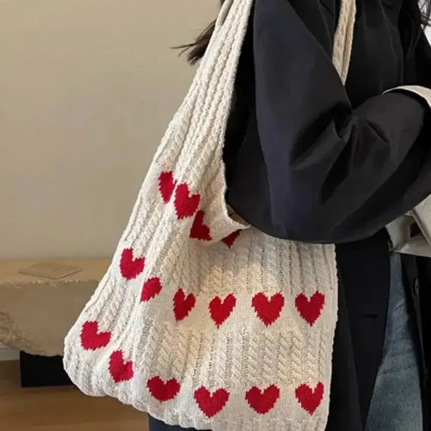 [BUNJANG] Heart Pattern Knit Shoulder Bag / 새상품) 하트패턴 숄더 데일리 니트 가방 니트백 에코백