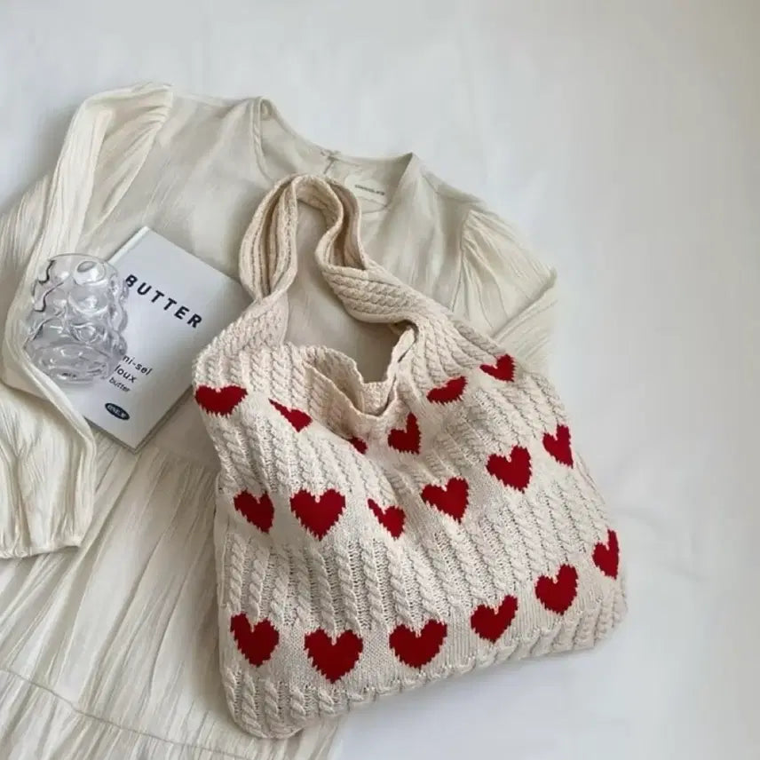 [BUNJANG] Heart Pattern Knit Shoulder Bag / 새상품) 하트패턴 숄더 데일리 니트 가방 니트백 에코백