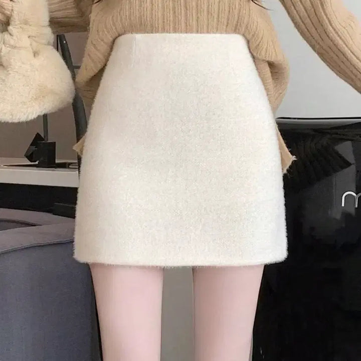 [BUNJANG] Ivory Wool Mini Skirt / 아이보리 모직 미니 스커트 울 치마 플레어 a라인 h라인 겨울 짧치 흰색