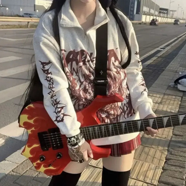 [BUNJANG] Anime Printing Half-Zip Punk Sweatshirt / 애니 프린팅 반집업 펑크 패션 맨투맨 오타쿠 미소녀 화이트