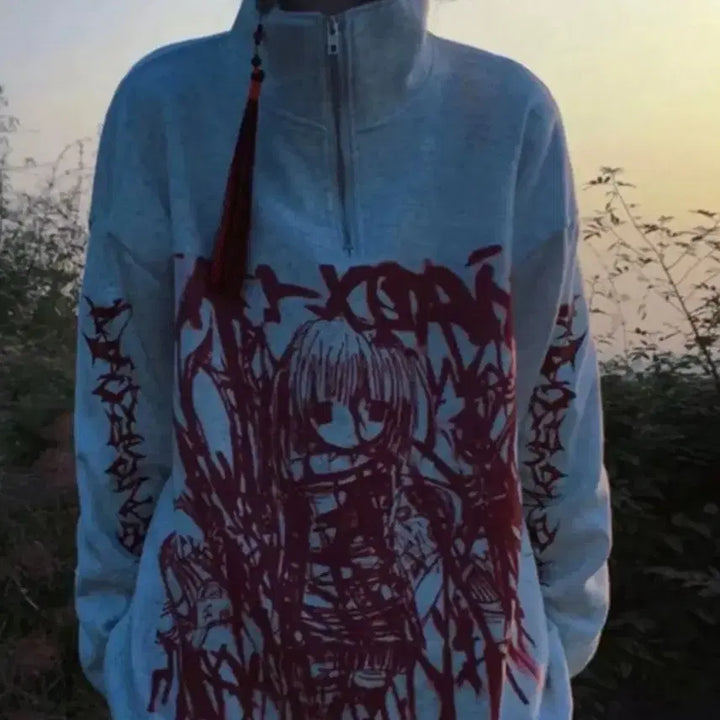 [BUNJANG] Anime Printing Half-Zip Punk Sweatshirt / 애니 프린팅 반집업 펑크 패션 맨투맨 오타쿠 미소녀 화이트