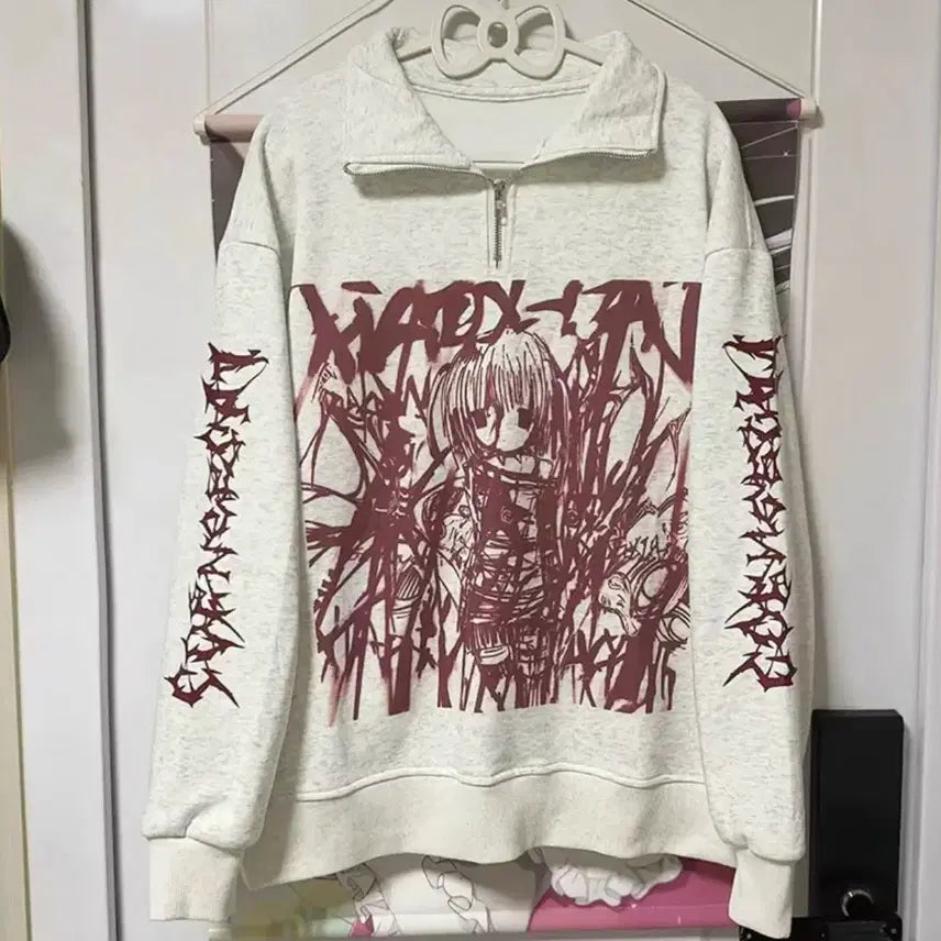 [BUNJANG] Anime Printing Half-Zip Punk Sweatshirt / 애니 프린팅 반집업 펑크 패션 맨투맨 오타쿠 미소녀 화이트