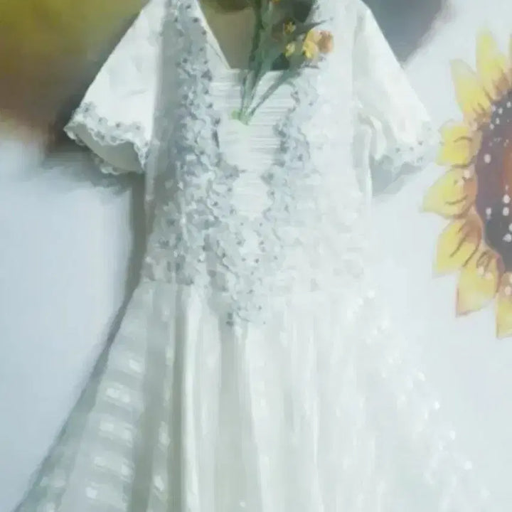 [BUNJANG] White Lace Long Dress / 레이스 장식 화이트 반팔 롱드레스 55~66