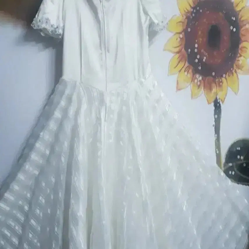 [BUNJANG] White Lace Long Dress / 레이스 장식 화이트 반팔 롱드레스 55~66