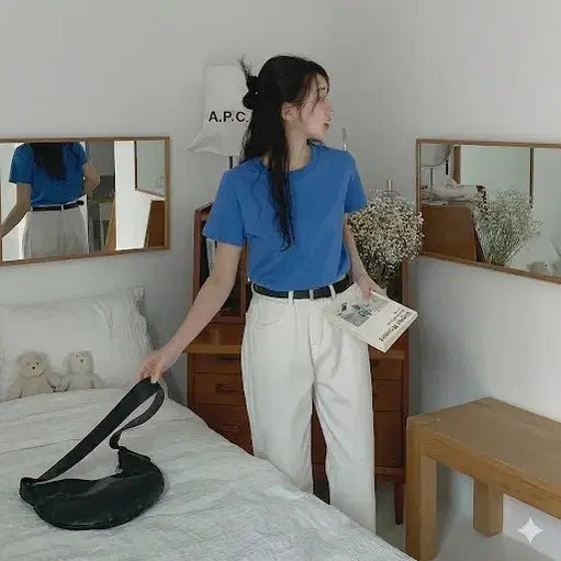 [BUNJANG] Plain Short Sleeve T-shirt - Blue / 무지 반팔 티셔츠 블루