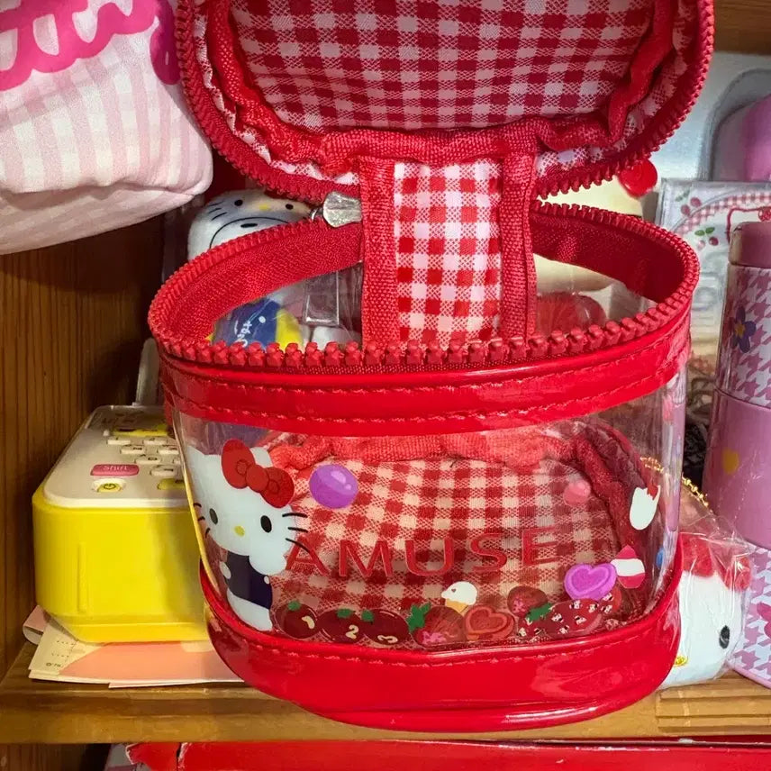 [BUNJANG] Hello Kitty Red Check Transparent Pouch / 헬로키티 빨간 체크 투명 파우치x 어뮤즈