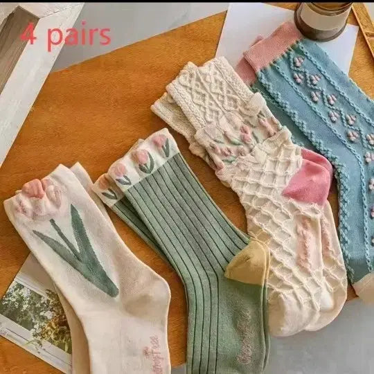 [BUNJANG] Floral Embroidery Socks Set / 플라워 자수 양말 4켤레 세트