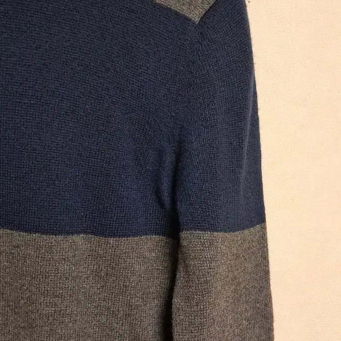 [BUNJANG] Time Striped Navy-Gray Wool Knit Sweater / 타임 줄무늬 폴라 니트 양모100%