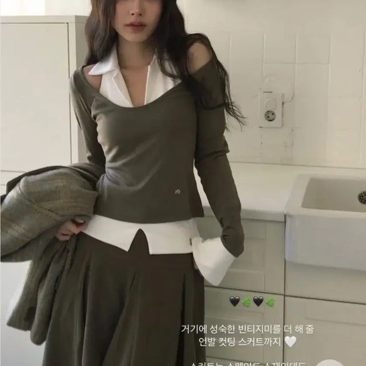 [BUNJANG] Cloud Emotion Bana Layered Top Set (Khaki) / 클라우드이모션 바나탑 바나 레이어드 세트 카키