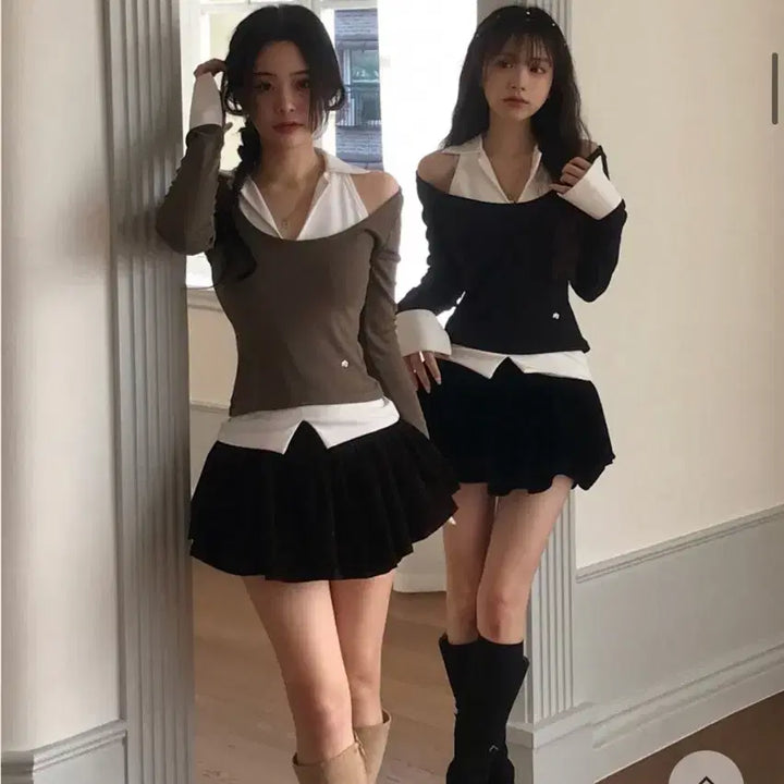 [BUNJANG] Cloud Emotion Bana Layered Top Set (Khaki) / 클라우드이모션 바나탑 바나 레이어드 세트 카키