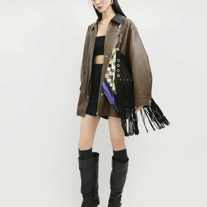 [BUNJANG] Lucky Chouette Brown Leather Oversized Jacket / 럭키슈에뜨  브라운 레더 오버핏 자켓