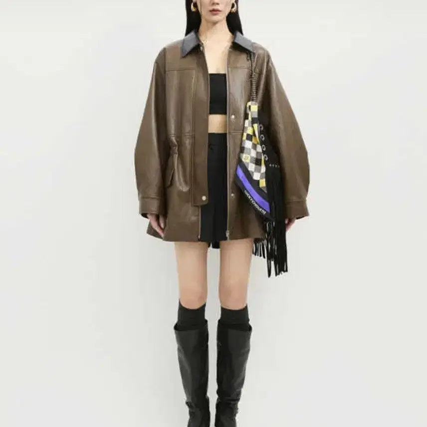 [BUNJANG] Lucky Chouette Brown Leather Oversized Jacket / 럭키슈에뜨  브라운 레더 오버핏 자켓