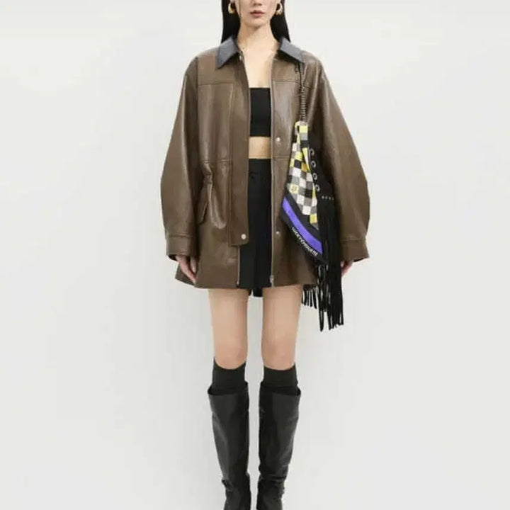 [BUNJANG] Lucky Chouette Brown Leather Oversized Jacket / 럭키슈에뜨  브라운 레더 오버핏 자켓