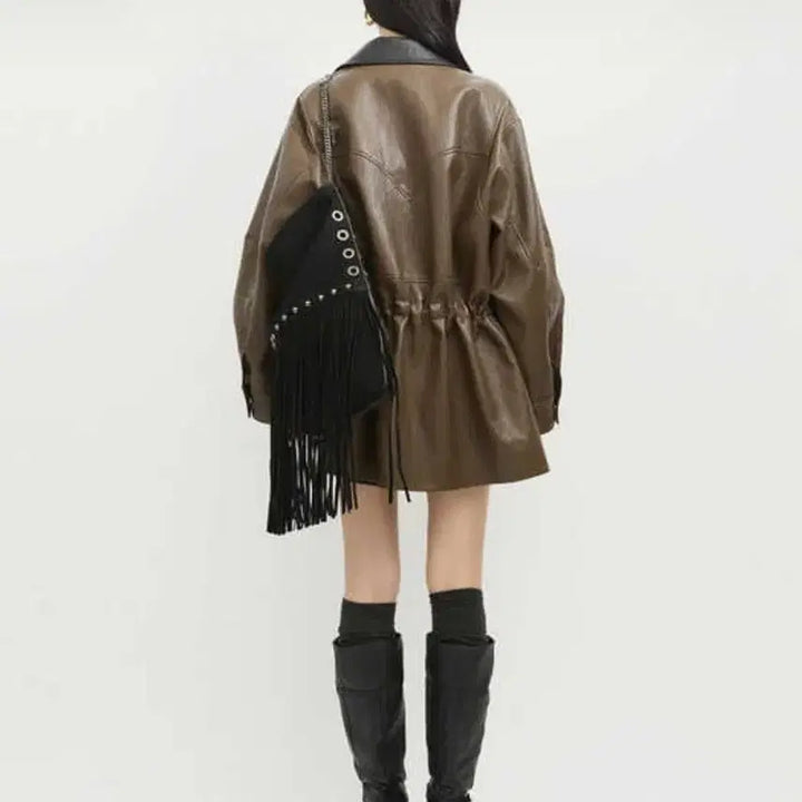 [BUNJANG] Lucky Chouette Brown Leather Oversized Jacket / 럭키슈에뜨  브라운 레더 오버핏 자켓