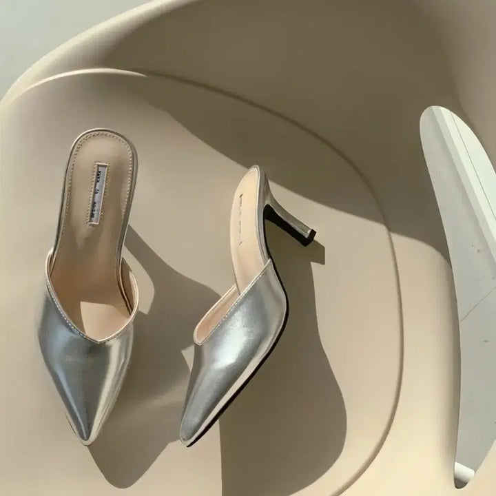 [BUNJANG] V-Cut Stiletto Mule Slippers Silver 7cm / 브이컷 스틸레토 뮬 슬리퍼힐 실버색 7cm