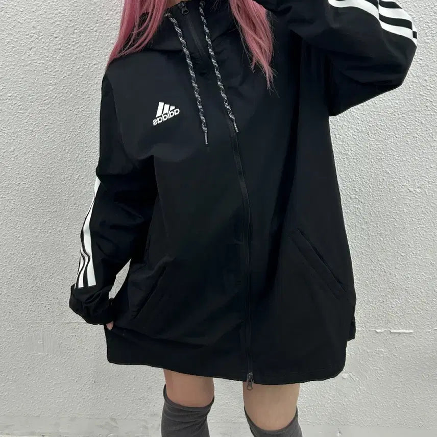 [BUNJANG] Adidas Essential Logo Black Long Hooded Windbreaker 2XL / 아디다스 에센셜로고 블랙 롱 후드 바람막이 2XL