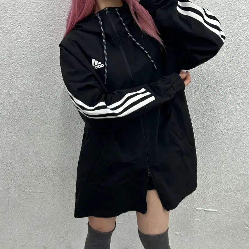[BUNJANG] Adidas Essential Logo Black Long Hooded Windbreaker 2XL / 아디다스 에센셜로고 블랙 롱 후드 바람막이 2XL
