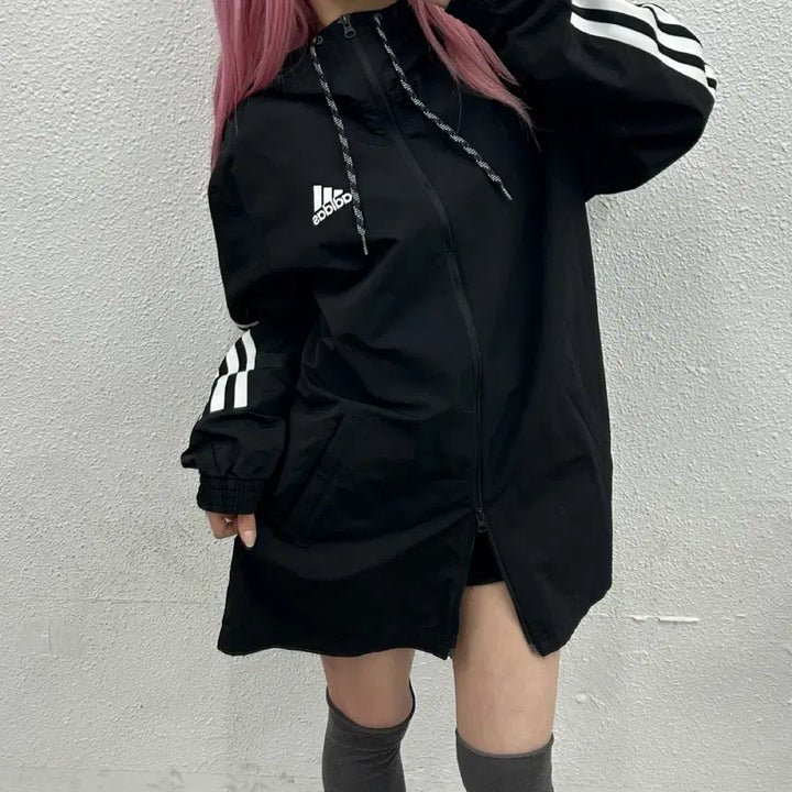 [BUNJANG] Adidas Essential Logo Black Long Hooded Windbreaker 2XL / 아디다스 에센셜로고 블랙 롱 후드 바람막이 2XL