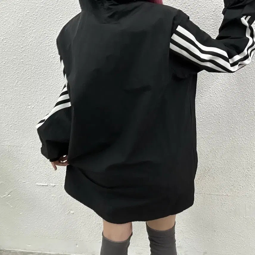 [BUNJANG] Adidas Essential Logo Black Long Hooded Windbreaker 2XL / 아디다스 에센셜로고 블랙 롱 후드 바람막이 2XL